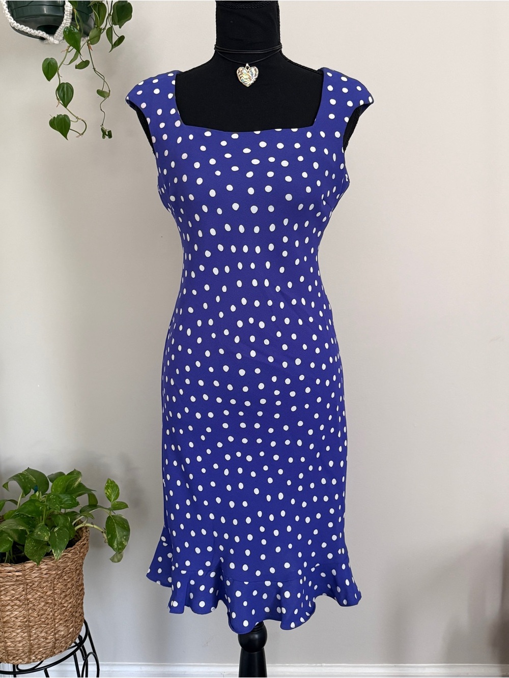 True Vintage Blue and White Polka Dot Midi Dress with Ruffle Hem